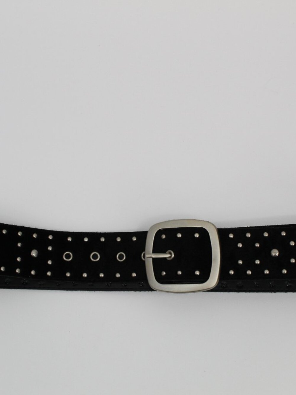 Black Faux Leather Studded Belt With Silver Buckle Suede Sz 16W Biker Goth Punk